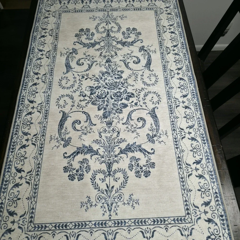 Laura Ashley Aure Blue Beige Floral Border Area Rug Machine Washable 44x25
